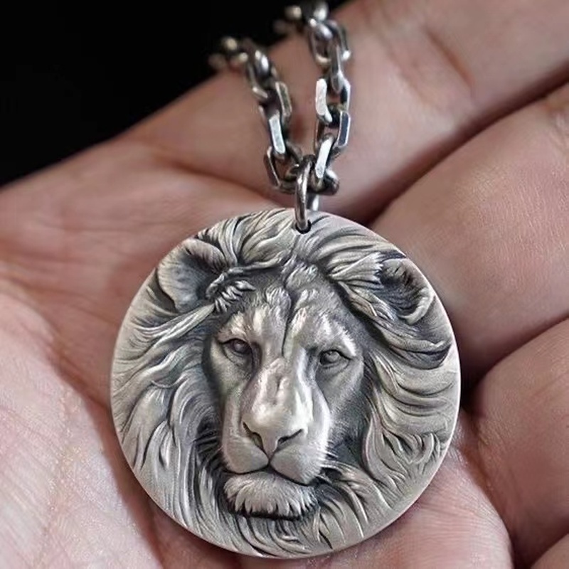 Vintage นูนเงิน Lion Head จี้สร้อยคอ Punk รถจักรยานยนต์ Rock Men Lion สร้อยคออุปกรณ์เสริม (จี้ + โซ่)