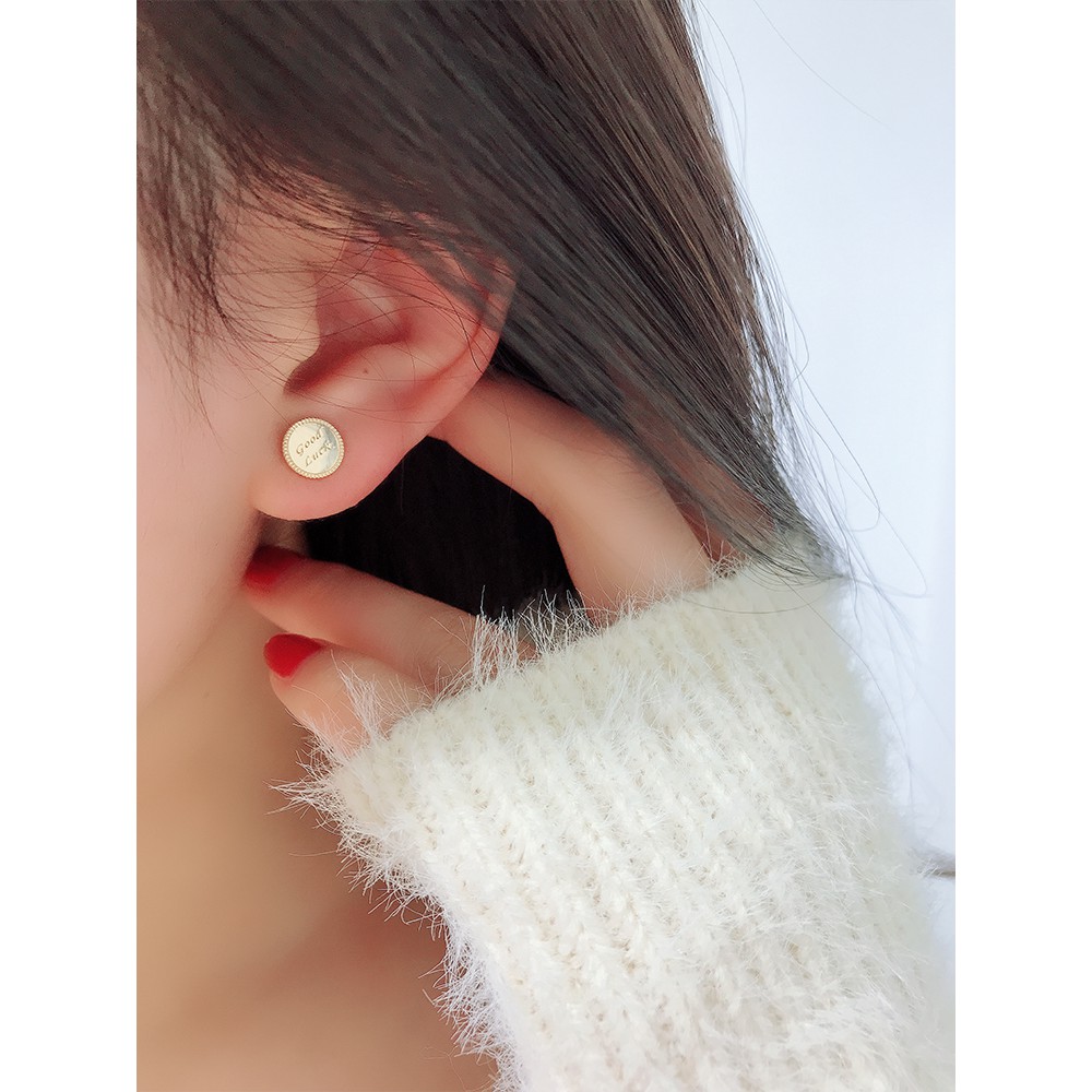 Hangcheng Fashion South Korea 10k 14k Gold Earrings Female Glossy Round Moment Letter Lucky Thread S
