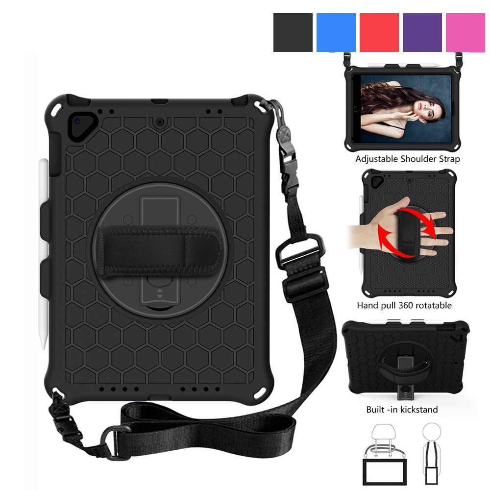 เคสแท็บเล็ต EVA กันกระแทก หมุนได้ พร้อมสายคล้องไหล่ และขาตั้ง สําหรับ iPad 9.7 2017 2018 Air 2 mini 1 2 3 4 5 Pro 9.7 2016