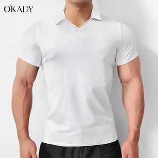 OKADY เสื้อโปโลแขนสั้นระบายอากาศได้ดีสำหรับผู้ชาย,เสื้อคอปกสีพื้นลำลองชุดกีฬาฤดูร้อน