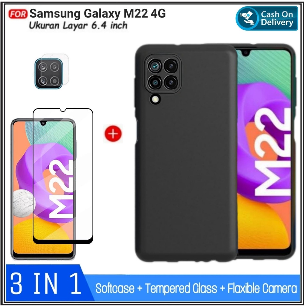 3IN1 กรณี Samsung M22 F22 4G SoftCase พรีเมี่ยมปลอก Galaxy M22 F22 4G ฟรีกระจกนิรภัยและกล้อง
