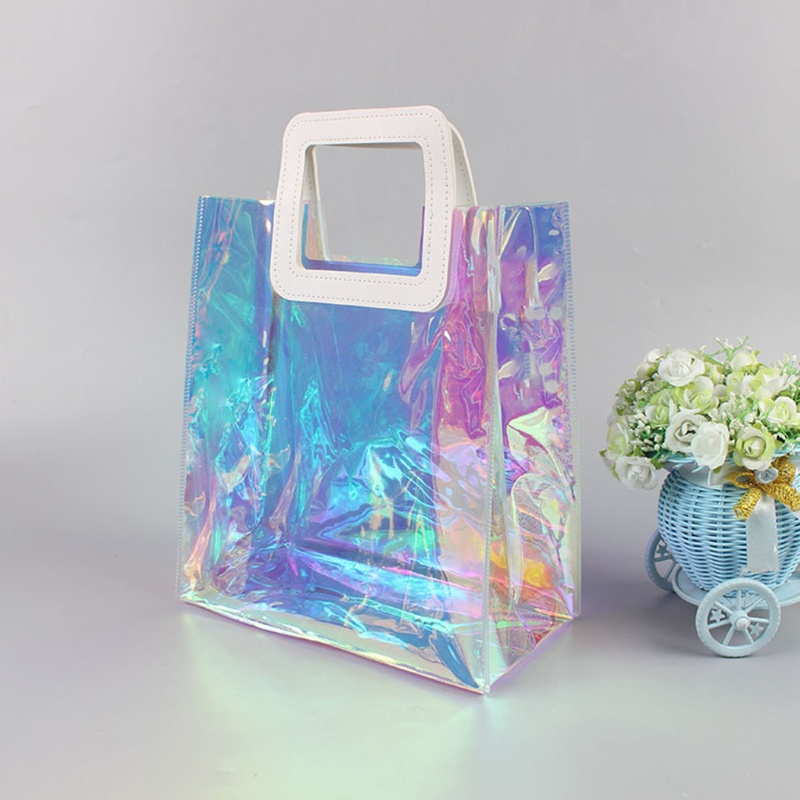 Pcf* กระเป๋าโท้ทใส โฮโลแกรม Rainbow Work Shopping Bag กระเป๋าสะพายไหล่อเนกประสงค์