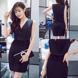 Mini Dress ทรงเอแต่งขน (ดำ)