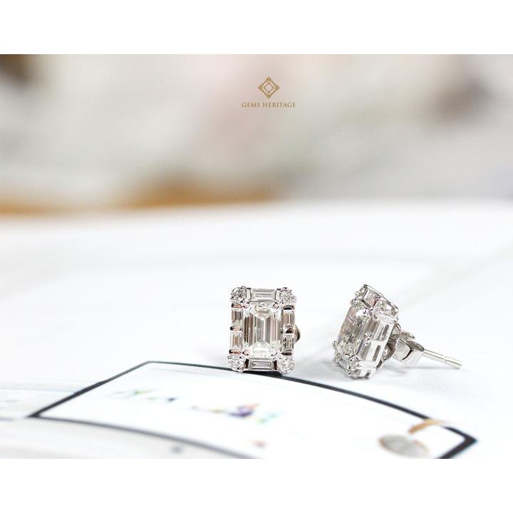 Gems Heritage ต่างหูเพชรทรง Emerald มีเพชรล้อมทรง Baguette ใส่ได้ 2 แบบ (ERWG094) เพชรแท้น้ำ 97 VS1-