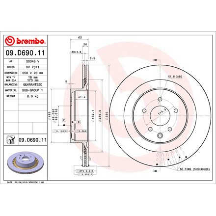 จานเบรคหลัง NISSAN 370Z Coupe Roadster Z34 3.7 NISMO V6 VVEL 2009- 350MM BREMBO /ชิ้น