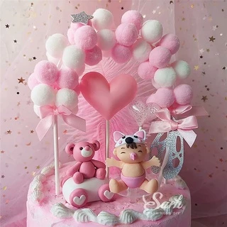 HD วันเกิดเค้ก Topper สีฟ้าสีชมพู Arch Hairball ตกแต่งงานแต่งงานครบรอบขนมหวาน Topper Party Supplies