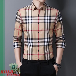 KOLB เสื้อเชิ้ตแขนยาวลายสก๊อตฤดูใบไม้ผลิและฤดูใบไม้ร่วงผ้าฝ้ายแท้เสื้อผ้าผู้ชายเกาหลี