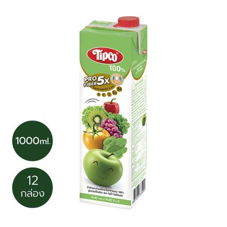 TIPCO Profiber น้ำผักผสมน้ำผลไม้ สูตรแอปเปิ้ลเขียว Mixed Veggie &amp; Green Apple 100% ขนาด 1,000 มล. x 12 กล่อง ยกลัง (1ลัง