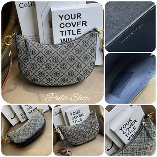 (พร้อมส่งสี navy) อุปกรณ์ครบ💕กระเป๋าสะพายทรงครึ่งวงกลม Tory Burch T monogram jacquard Mini Hobo Bag