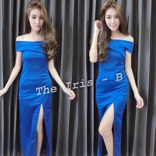 Maxi dress ทรงปาดไหล่ (กรม)