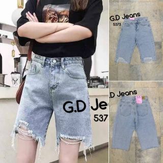 G.D.Jeans รุ่น 5373#กางเกงยีนส์ขาสามสวนผ้าด้านสีฟอกสกิดขาดปลายขาแบบเซอร์ๆ 💦💦