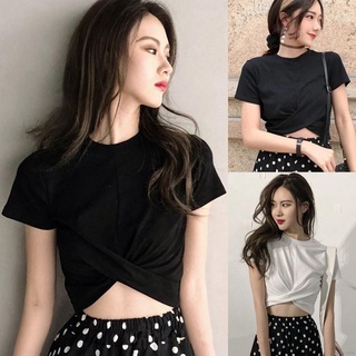 WANG JIAO ZHAN เวอร์ชั่นเกาหลี ใหม่ สีพื้น สั้น สลิม แฟชั่น แขนสั้น เสื้อยืด เสื้อครอป