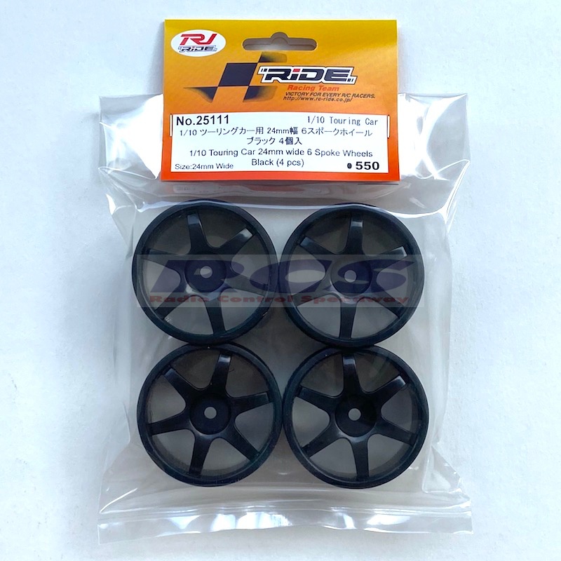 RJ-RIDE 25111 1/10 Touring Car 24mm wide 6 Spoke Wheels Black (4pcs.)