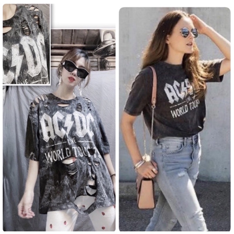 🇹🇭เสื้อฟอกวินเทจลายเสื้อวง acdc ทรงโอเว่อไซ้ คอตต้อน100% งานไทย