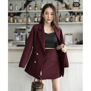 ชุดเซ็ท set สูท+กระโปรง สีแดง burgundy แบรนด์ V shop Size L ใส่ครั้งเดียว ไม่มีตำหนิ พร้อมส่ง