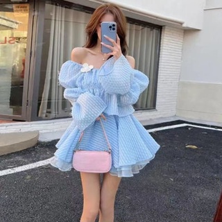 🔥Hot sale/French custom one-line neck ruffle suit skirt womens 2022 new พัฟแขน ruffle tutu skirt