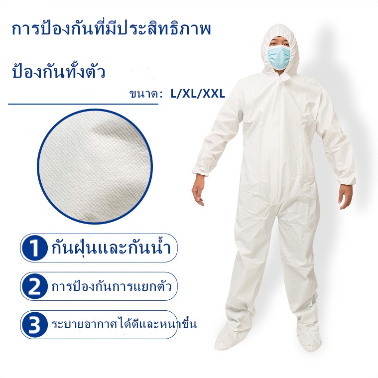 พร้อมส่ง ชุด PPE สีขาว หนา50gsm เป็นผ้า SF ชุดป้องกันเชื้อโรค