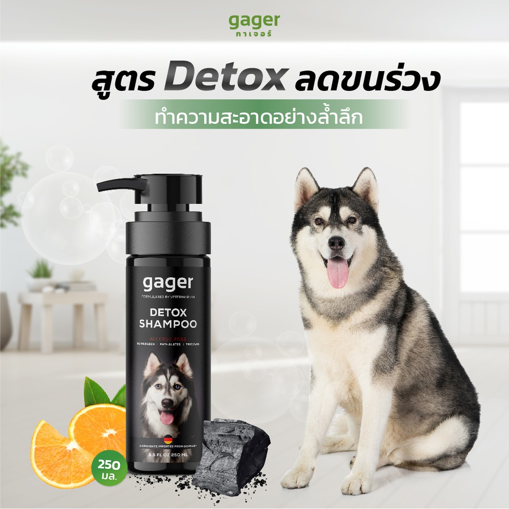 Gager (กาเจอร์) แชมพูสุนัข แชมพูอาบน้ำสุนัข ลดขนร่วง อ่อนโยน สูตรDetox สกัดจากถ่านชาโคล สำหรับทุกพัน
