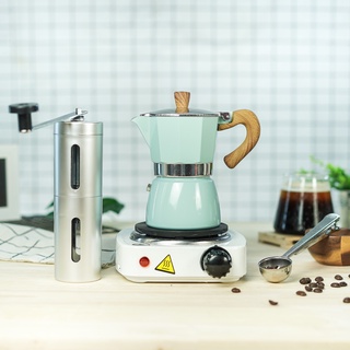 (สีฟ้า) ชุดเตามินิไฟฟ้า + กามอคค่าพอท Moka pot + เครื่องบดมือหมุน + 2-1 ช้อนหนีบ