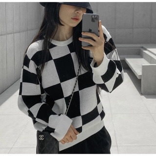 Checker Knit เสื้อไหมพรมแขนยาว ลายตารางสุดฮิต สไตล์เกาหลี