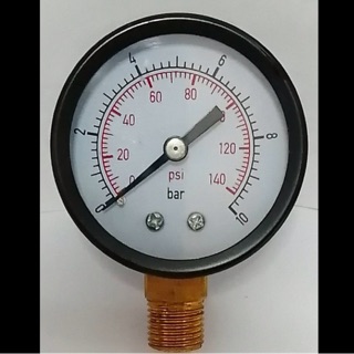 เกจวัดแรงดันแบบแห้ง0-10bar/140psi เหล็กดํา หน้าปัด2”เกลียวทองเหลืองออกล่าง 1/4”