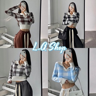L.A Shop พร้อมส่ง  เสื้อครอปแขนยาว ไหมพรมคอปก ลายตารางใหญ่ปังๆใส่แล้วสวยมาก "28810"
