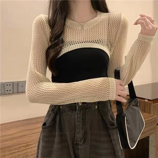 ส่งทันที Cici(NO. 78040)เสื้อคลุมแขนยาวไหมพรมคอกลม ตาข่าย ซีทรูเพิ่มดีเทลเว้าหน้าอกสไตล์โคเรียเวอร์