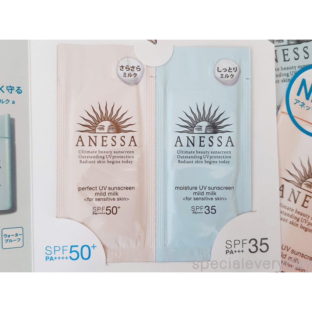 แท้ 100% 2 ซอง Anessa กันแดด perfect uv sunscreen mild milk spf 50+ 4 ml.,Anessa Sensitive Skin Mild