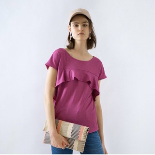 🍭Ozoc11: Ozoc pink ruffle blouse เสื้อผ้าโพลีเอสเตอร์เนื้อยืดหยุ่น ผ้ามีลายใน