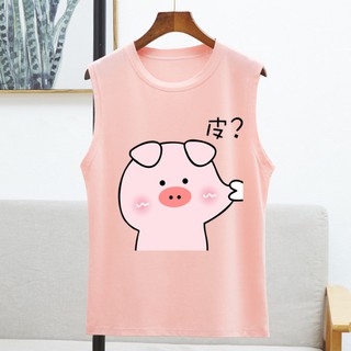 สไตล์ใหม่  หลวม  ลายการ์ตูนหมูน่ารัก  คอกลม  เสื้อแขนกุด  8สี  S~3XL