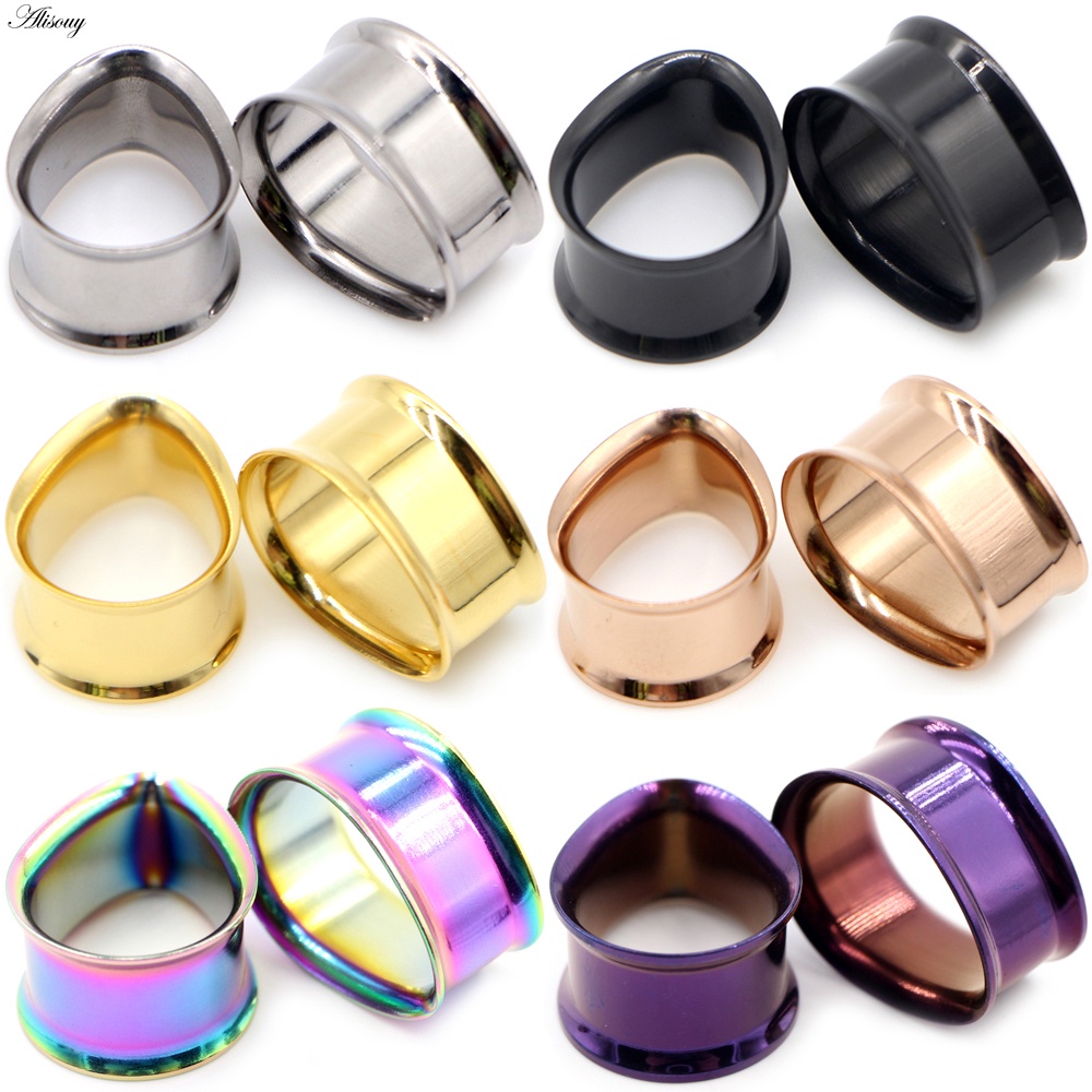Alisouy 2PCS Water drop สแตนเลสหูปลั๊กอุโมงค์ทองสีดําเหล็กสีหู Expander ปลั๊กอุโมงค์เครื่องประดับหูวัด