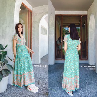 MASS Fashion : เดรสยาว สไตล์โบฮีเมียน Dress - Long V Green Floral Boho