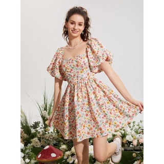 shein dress เดรสลายดอกไม้ทั้งตัว คอเหลี่ยม แขนพอง