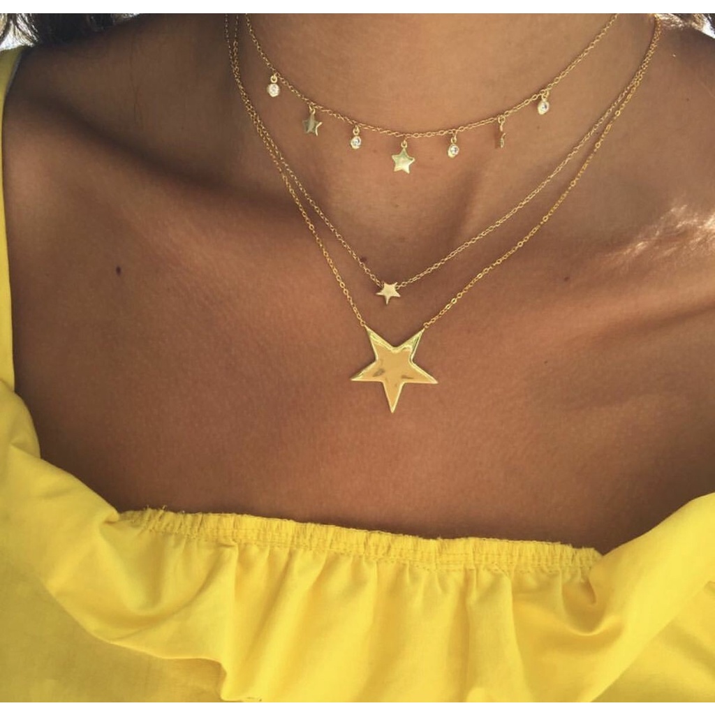 2 ชิ้นcharm ใหม่ยุโรปแฟชั่น star multilayer จี้ผู้หญิงสร้อยคอแนวโน้ม street แหวนชุด BGF