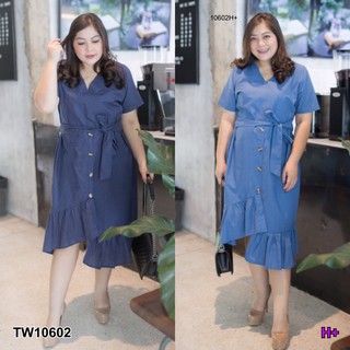 Dress #BigSize เดรสยีนส์คอวี มีเชือกผูกโบว์เอว