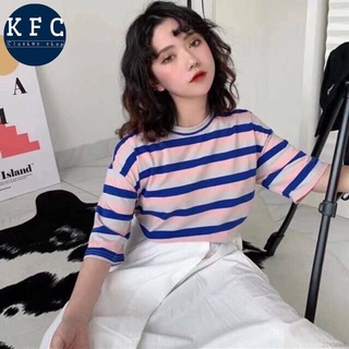 🌟KFC🌟💥พร้อมส่ง💥เสื้อยืดลำลองลายทาง สำหรับสตรีแขนสั้นคอกลมทรงหลวมสไตล์เกาหลี #9310