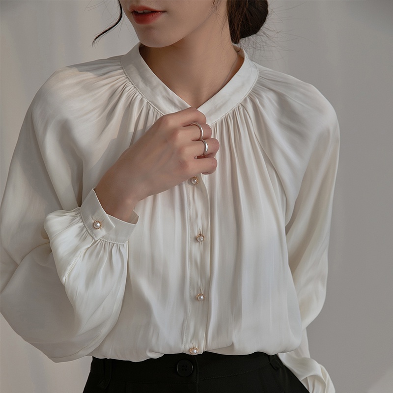 54676 เสื้อเชิ้ต แขนทรงโคมไฟ จับจีบ สีขาว สไตล์คลาสสิก สําหรับผู้หญิง