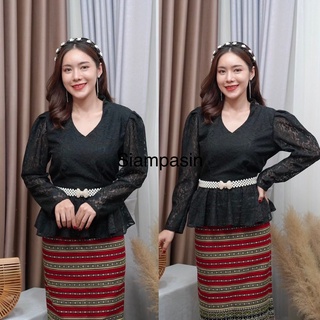 Siampasin🌸 เสื้อลูกไม้ ผ้านุ่มใส่ไม่คัน อก S M L XL XXL เสื้อชุดไทยแขนยาว สีดำ ใส่งานขาวดำ งานสุภาพ คอปีน Blouse