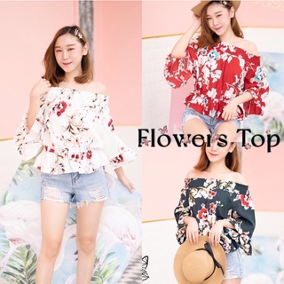 FLOWERS TOP เสื้อเปิดไหล่แขนกระดิ่ง ลายดอก