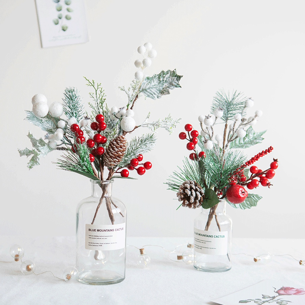 ดอกไม้ปลอมไพน์โคนหิมะสเปรย์สําหรับต้นคริสต์มาสพืชประดิษฐ์อุปกรณ์ประกอบฉากพวงหรีดฤดูหนาวตกแต่งเทศกาลที่สมจริง