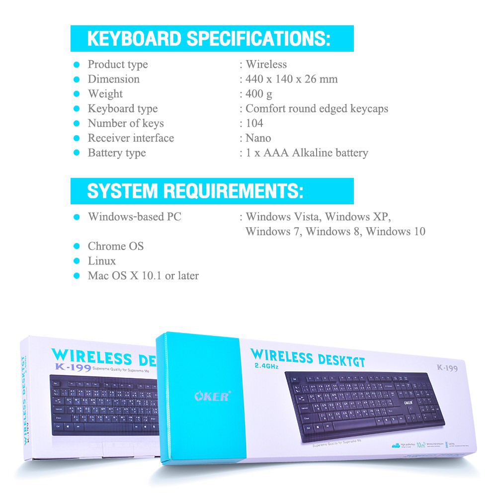 คีย์บอร์ดไร้สาย OKER รุ่น K199 WIRELESS KEYBOARD & คีย์บอร์ดไร้สาย OKER K-290 Wireless KEYBOARD 2.4 GHz