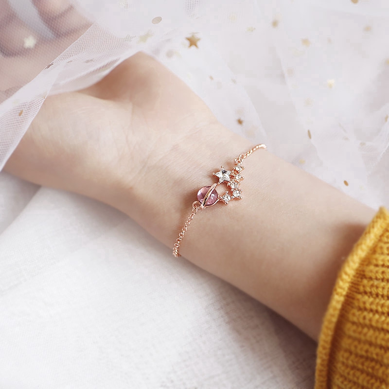 สร้อยข้อมือ จี้ดาวเคราะห์ ประดับคริสตัล  สําหรับผู้หญิง สีชมพู และสีโรสโกลด์
