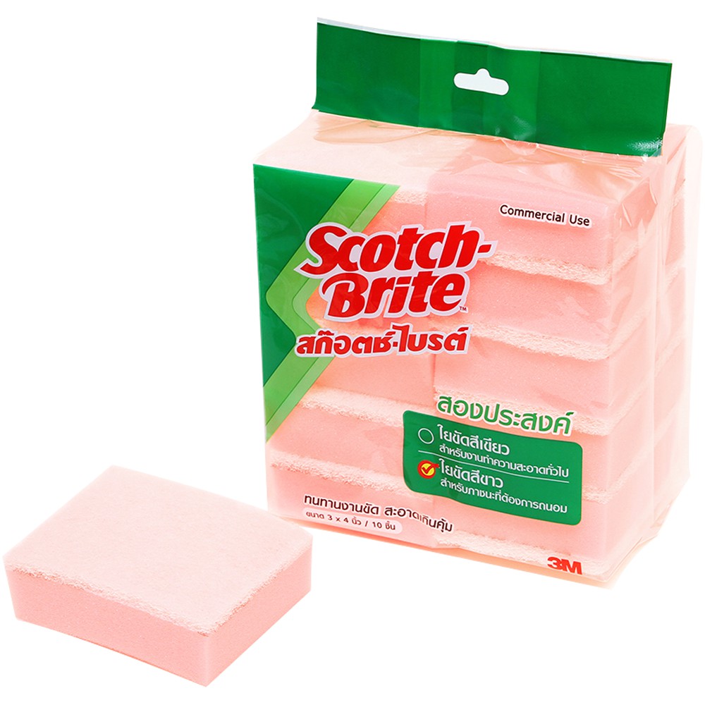สก๊อตช์-ไบรต์™ ใยขัดสีชมพูพร้อมฟองน้ำ (1 แพ็ค บรรจุ 10 ชิ้น)