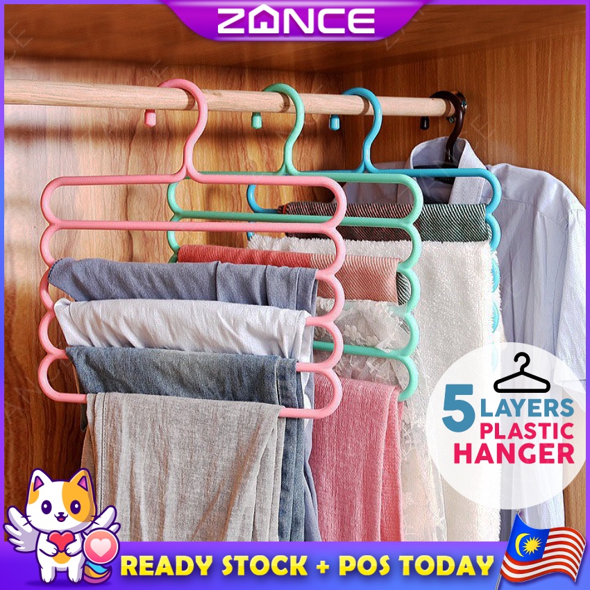 Msia ZANCE Hreighty 5 ชั้นแขวนคุณภาพสูงพลาสติกหนา Boutique เสื้อผ้า Penyakut Baju Racks