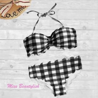 [SALE พร้อมส่ง] Bikini เกาะอกลายตารางสุดฮอท บรามีโครงฟองน้ำอย่างดี ใส่สวยกระชับ น่ารักแบบสาวเกาหลี ฟรี!สายคล้องคอ