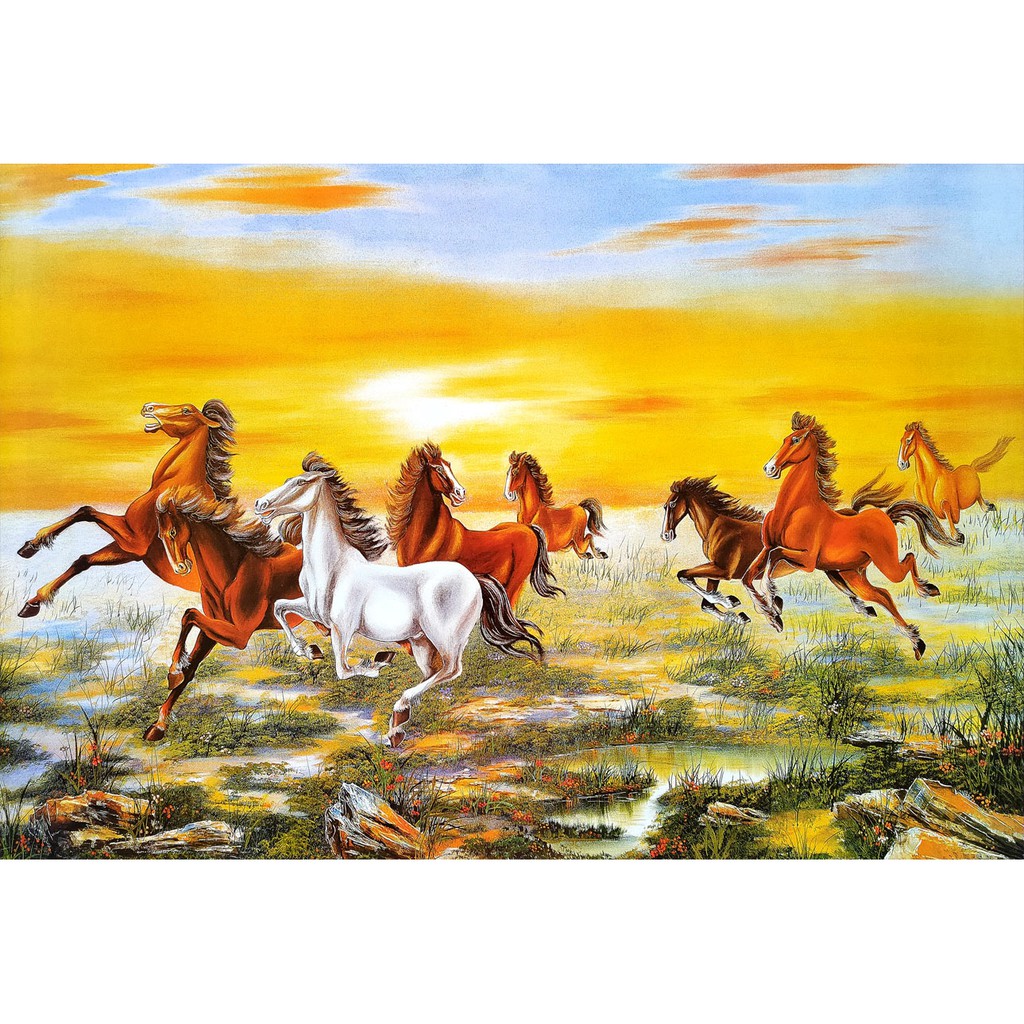 โปสเตอร์ ภาพวาด ม้าวิ่ง ม้ามงคล ม้า8ตัว ภาพมงคล เสริมฮวงจุ้ย Horse River Running POSTER 20”x30” Inch Painting V7
