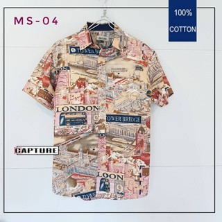 เสื้อเชิ้ตแขนสั้น คอปก ผ้า Cotton100% ลายลอนดอน สีครีม มีถึงไซส์ 4XL