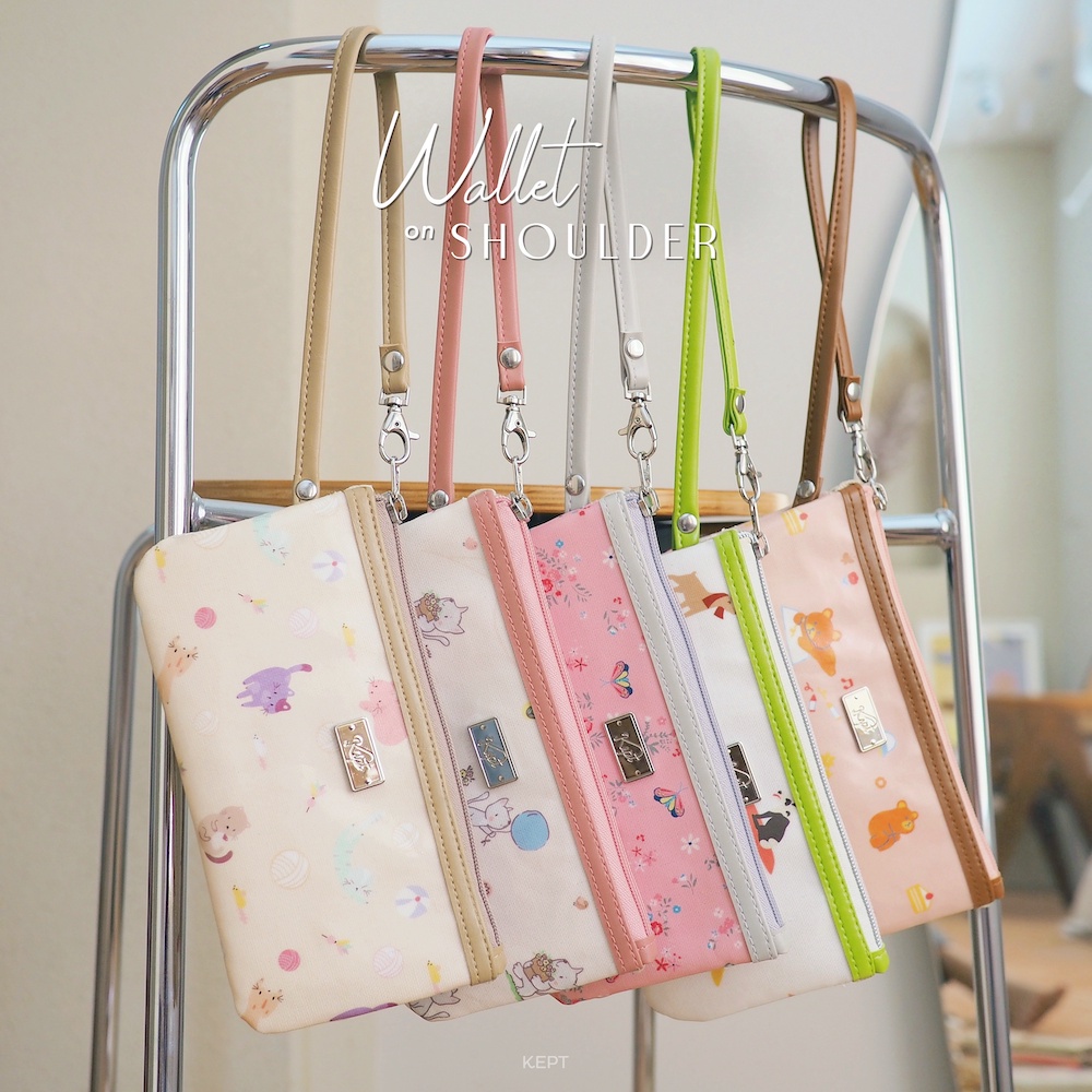KEPT รวม10ลาย [ Wallet on Shoulder ] Wristlet bagกระเป๋าคล้องแขน5ช่อง กระเป๋าคล้องบ่า/คล้องแขนได้