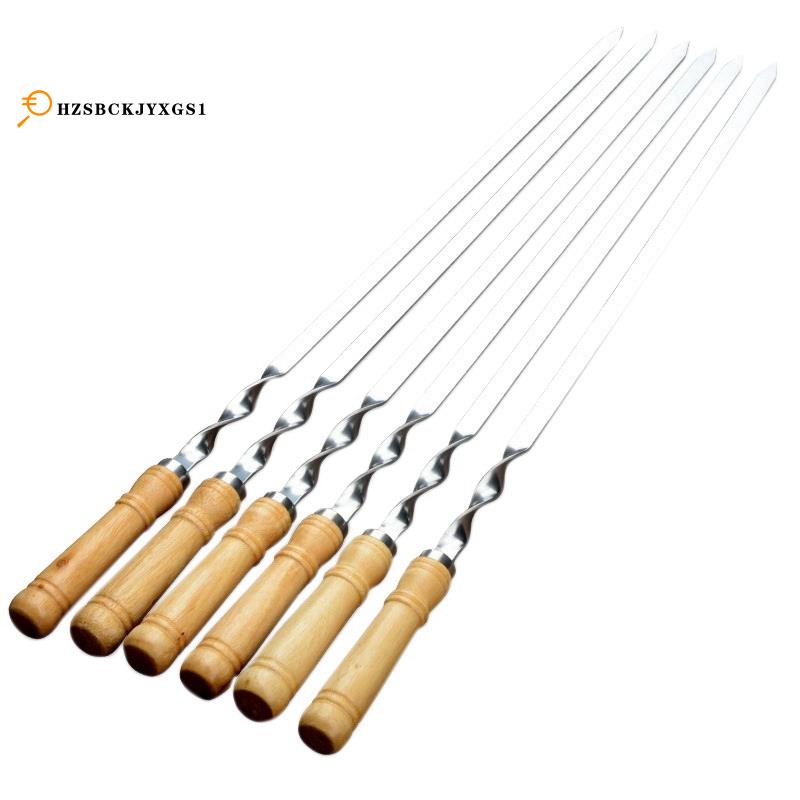 6Pcs 55cm BBQ Skewers Long Handle Shish Kebab Barbecue Grill Stick Wood BBQ Fork Stainless Steel Outdoors Grill – โปรปัง