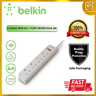 Belkin 4 ซ็อกเก็ต F9E410SA2M 2M ป้องกันไฟกระชาก พร้อมซ็อกเก็ต RJ11 สวิตช์ไฟ และเบรกเกอร์วงจร